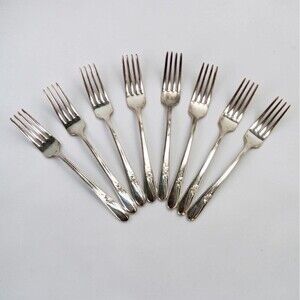 Vintage H&T MFG Co Meadow Flower Silverplate Dinner Forks Set 8 1940s Flatware